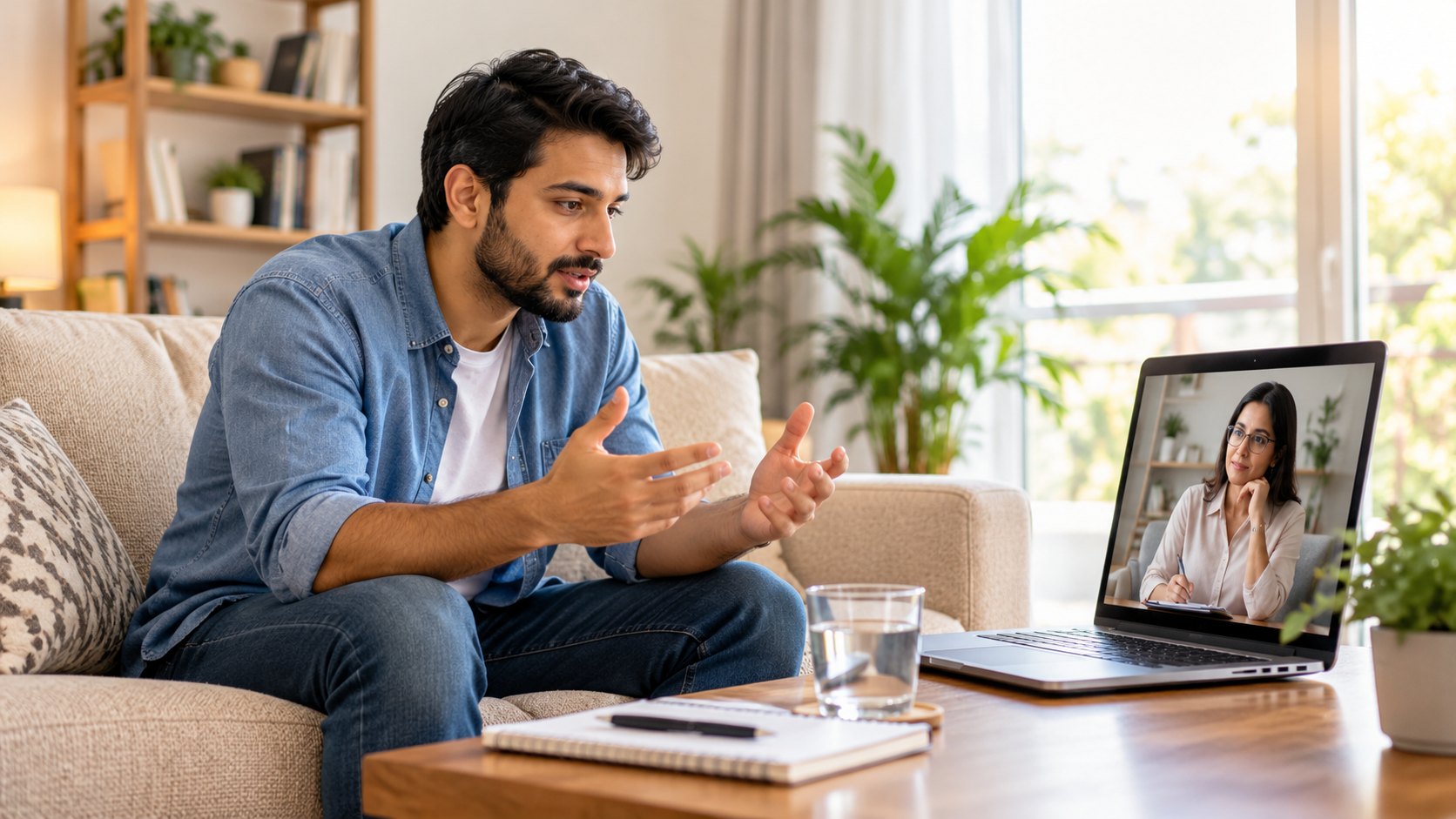 Client attending an online therapy session on a laptop from home