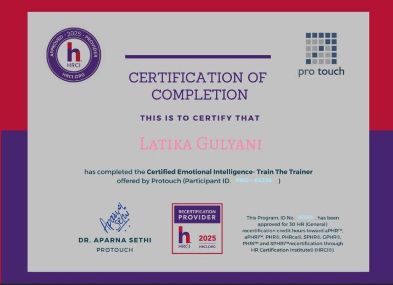 Certified Emotional Intelligence Train the Trainer certificate, Protouch (HRCI approved), Latika Gulyani