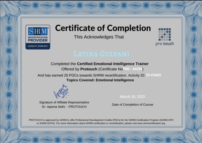 Certificate of completion, Certified Emotional Intelligence Trainer, Latika Gulyani