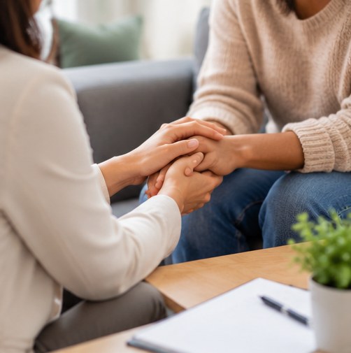 Therapist offering support during a trauma healing session
